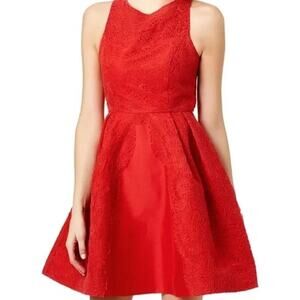 Monique Lhuillier Red Lace Flare Bateau Neckline Knee-Length Dress